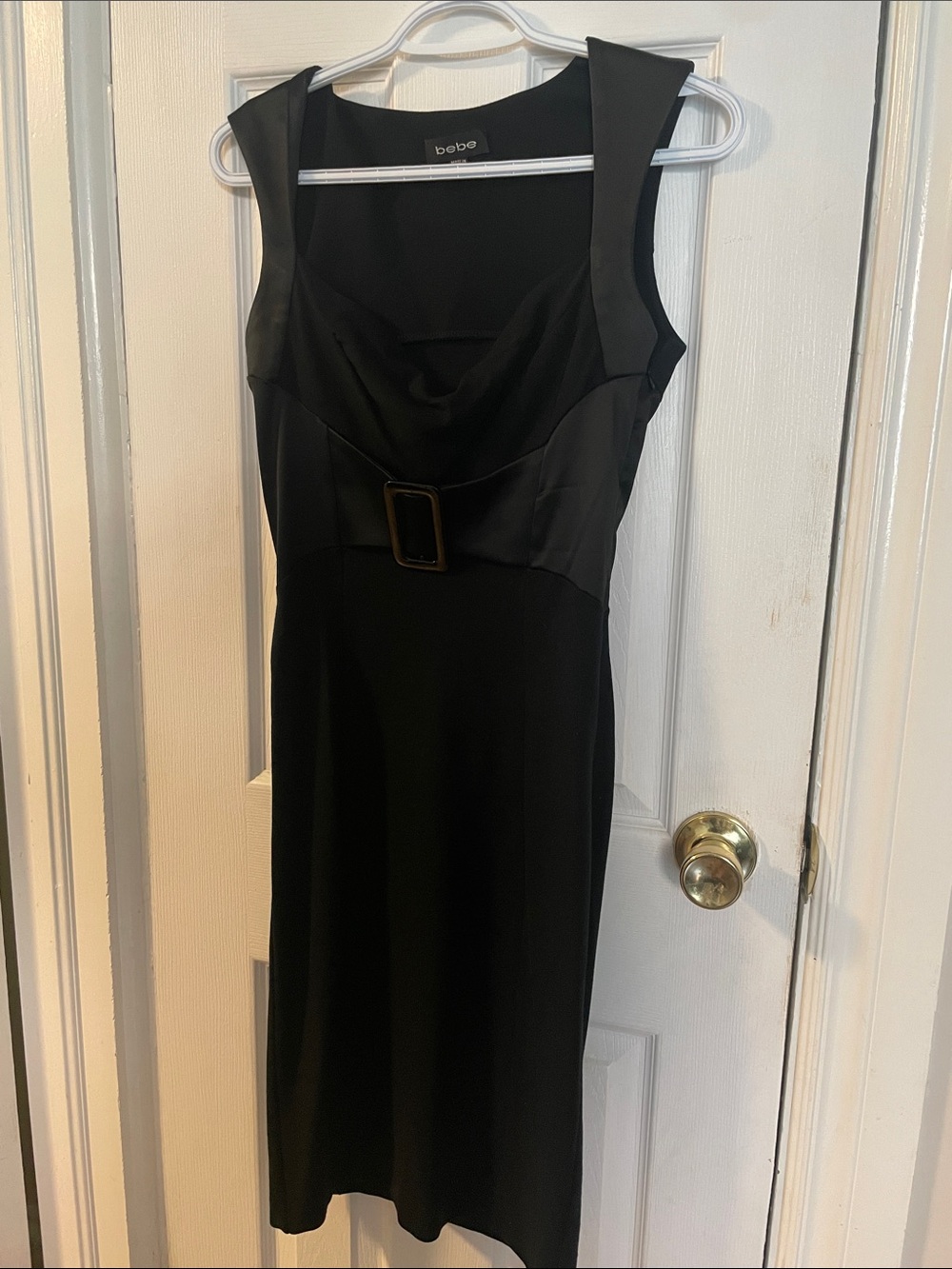 Bebe Made in USA Black Midi Dress Buckle Detail Sleeveless Career XS